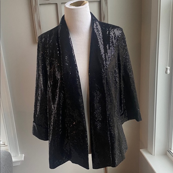 Kasper petite Black Sequin open front 3/4 sleeve Blazer 12P NWT - Picture 3 of 7